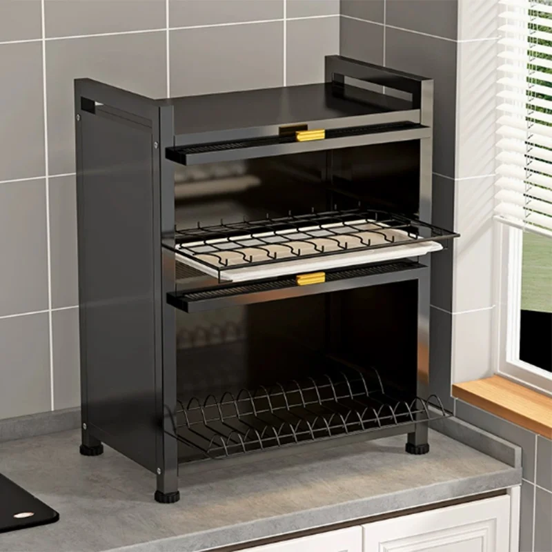 Scaffale Cucina a Doppio Livello 45 cm con Antina Ribaltabile, Armadietto per Stoviglie a Prova di Polvere con Vassoio Estraibile per Scarico - Nero