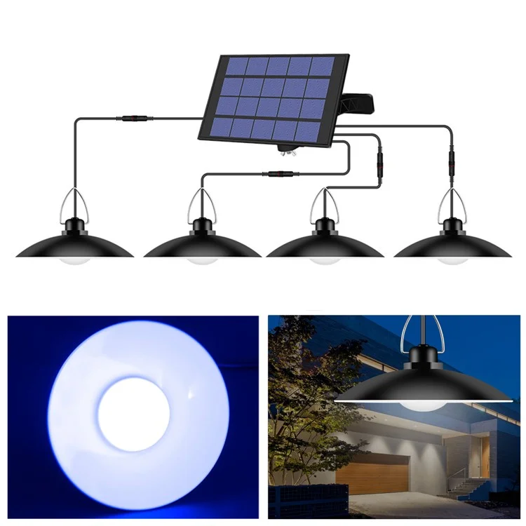 Outdoor Waterproof Solar Powered Ceiling Porch Hanging 4-Head Light Bulb with Extension Cord - Cool White