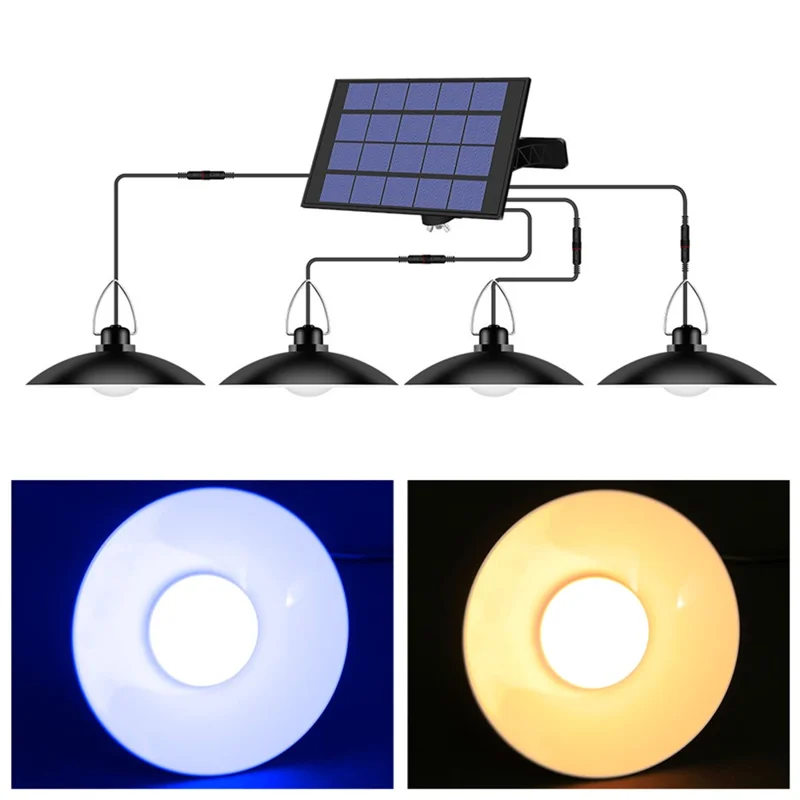 Outdoor Waterproof Solar Powered Ceiling Porch Hanging 4-Head Light Bulb with Extension Cord - Warm White