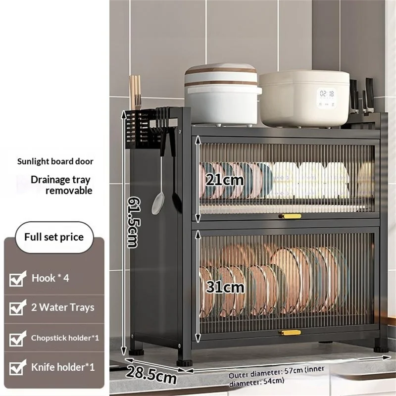 Scaffale da Cucina a Doppio Strato 57 cm con Antina Ribaltabile, Armadietto Protetto dalla Polvere con Vassoio di Scolo Estraibile - Nero