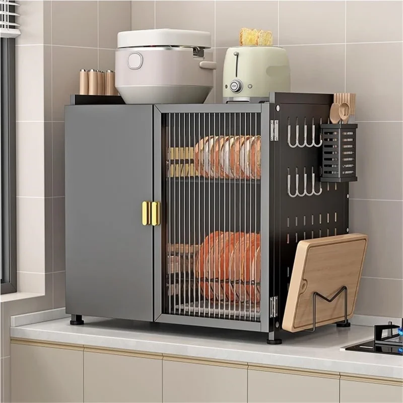 2 Tier Kitchen Organizer Dish Drying Rack Countertop Storage Shelf with Door  /  Drainboard for Home - Black