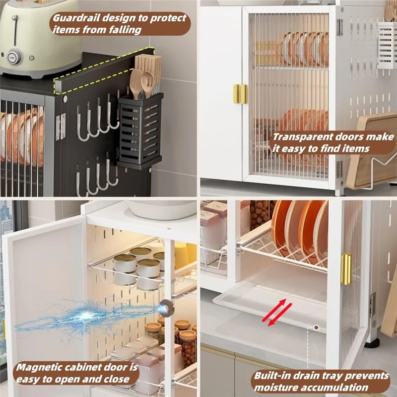 2 Tier Kitchen Organizer Dish Drying Rack Countertop Storage Shelf with Door  /  Drainboard for Home - Black