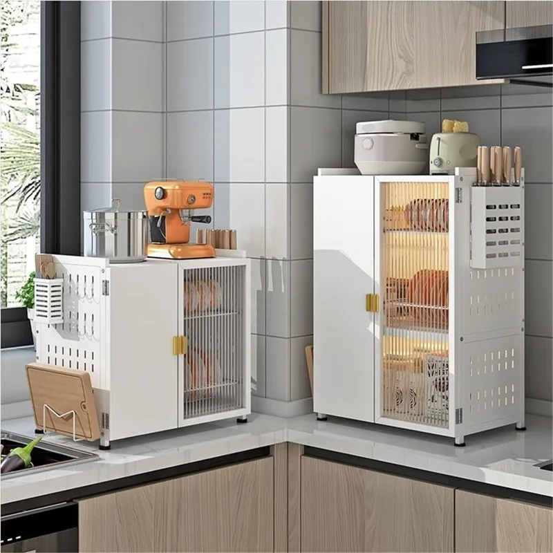 2 Tier Kitchen Organizer Dish Drying Rack Countertop Storage Shelf with Door  /  Drainboard for Home - Black