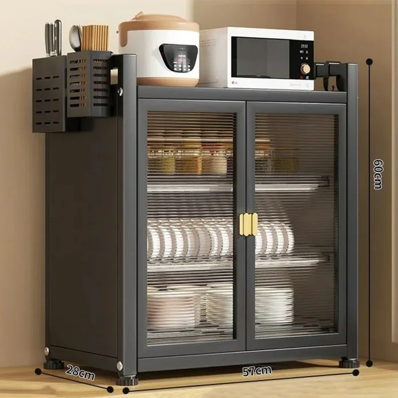 Mobiletto Cucina 3 Ripiani Lunghezza 57 cm Scolapiatti da Banco Organizzatore per Stoviglie e Spezie con Ante - Nero