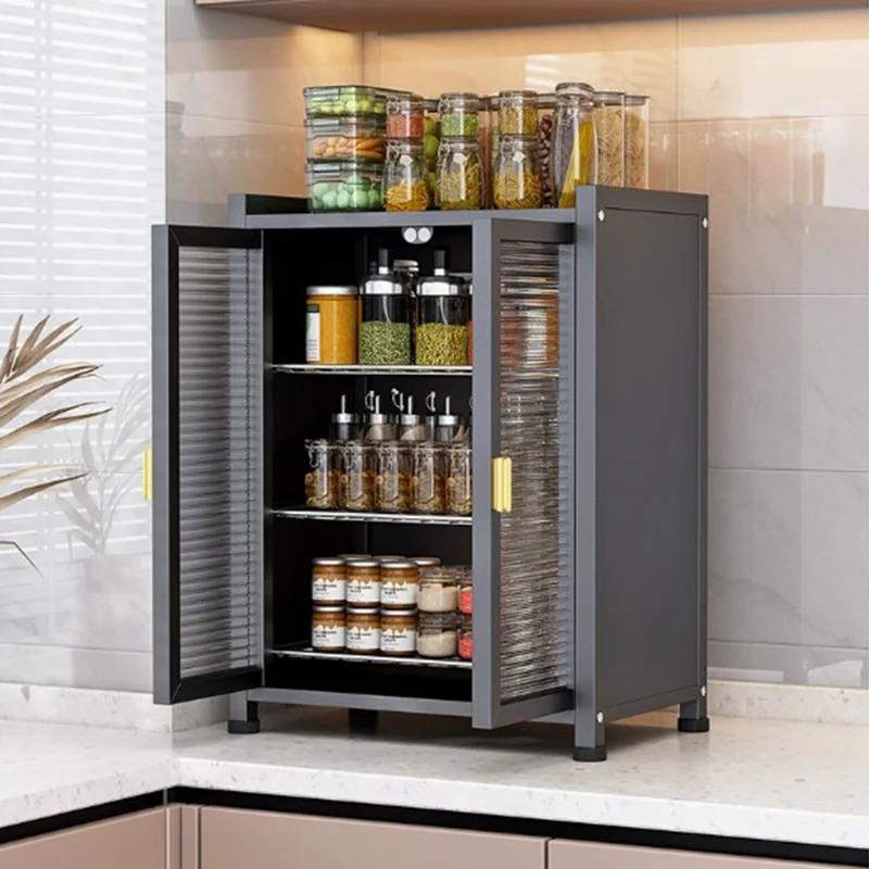 Mobile per Piatti da Cucina con Ante, Organizzatore da Appoggio 3 Livelli 45 cm, Scaffale con Scolapiatti e Ripostiglio per Piatti/Bicchieri/Barattoli - Nero