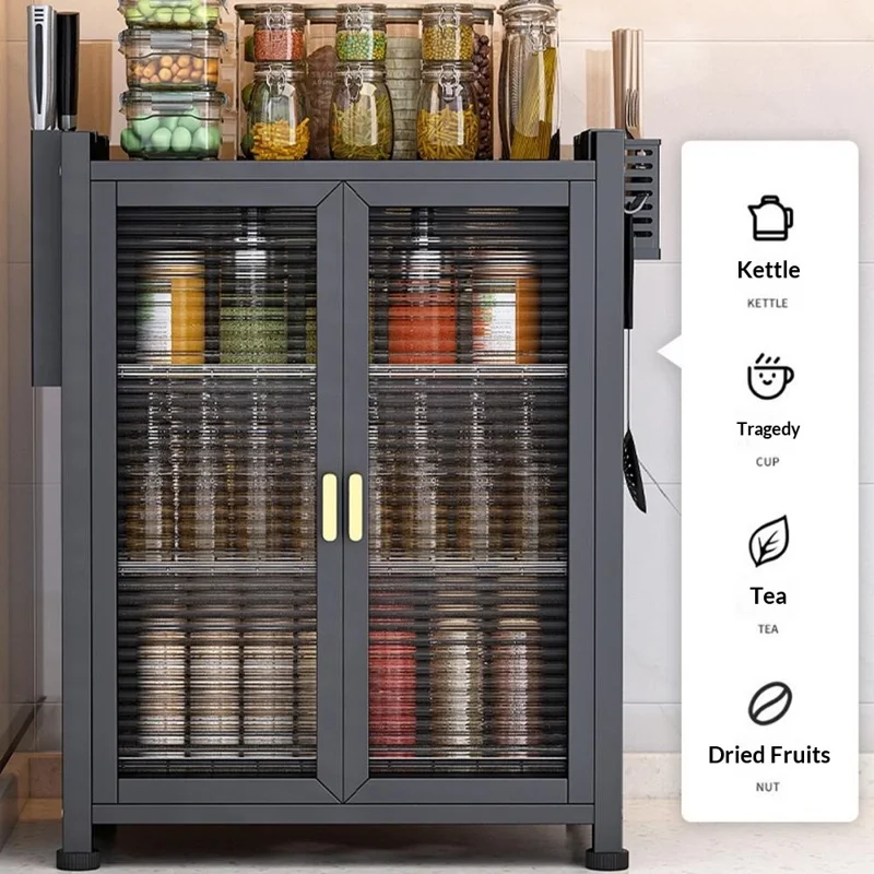 Mobile per Piatti da Cucina con Ante, Organizzatore da Appoggio 3 Livelli 45 cm, Scaffale con Scolapiatti e Ripostiglio per Piatti/Bicchieri/Barattoli - Nero