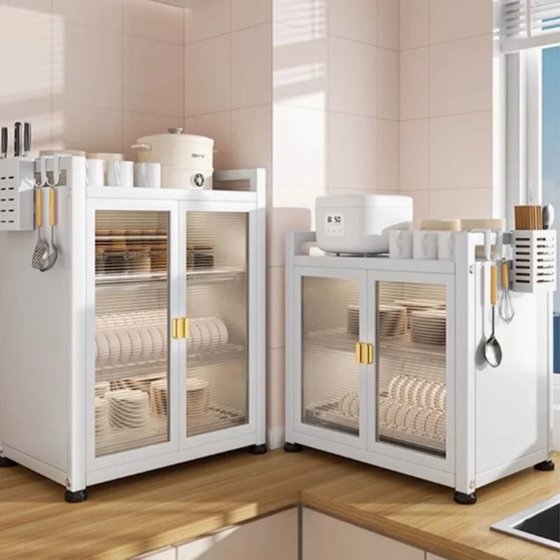 Mobile per Piatti da Cucina con Ante, Organizzatore da Appoggio 3 Livelli 45 cm, Scaffale con Scolapiatti e Ripostiglio per Piatti/Bicchieri/Barattoli - Nero