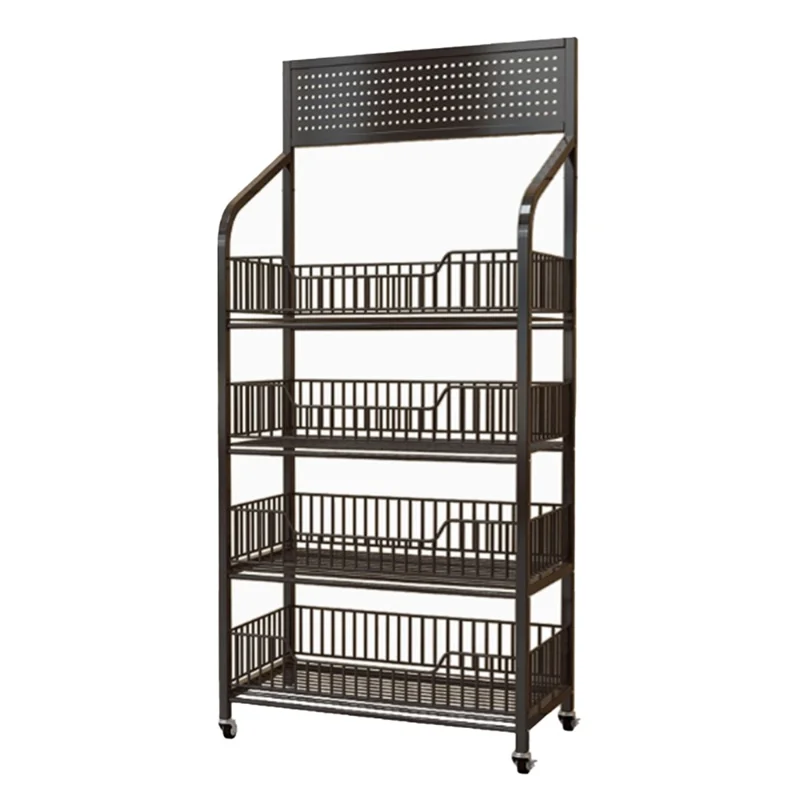 60cm 4-Tier Pegboard Bookcase Mobile Freestanding Storage Rack with 360° Caster Wheel for Living Room Snack - Black