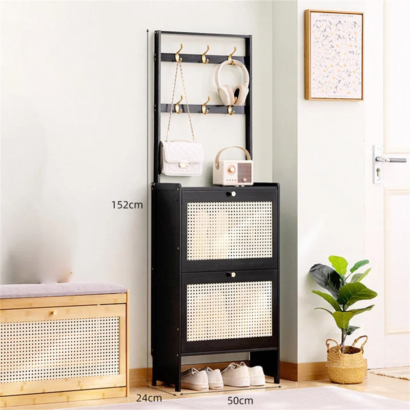 2-Tier 50cm Ultra Thin Entryway Shoe Cabinet Large Capacity Flip-Down Door Storage Shoe Rack with Hooks Space Saving for Home - Black