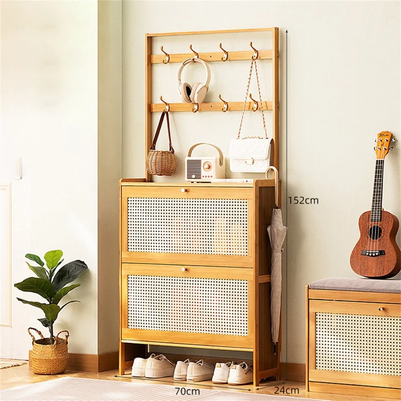 2-Tier 70cm Ultra Thin Entryway Shoe Cabinet Large Capacity Flip-Down Door Storage Shoe Rack with Hooks Space Saving for Home - Natural