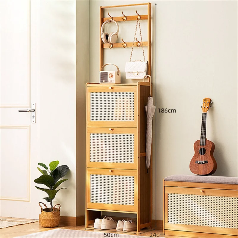 3-Tier 50cm Ultra Thin Entryway Shoe Cabinet Large Capacity Flip-Down Door Storage Shoe Rack with Hooks Space Saving for Home - Natural