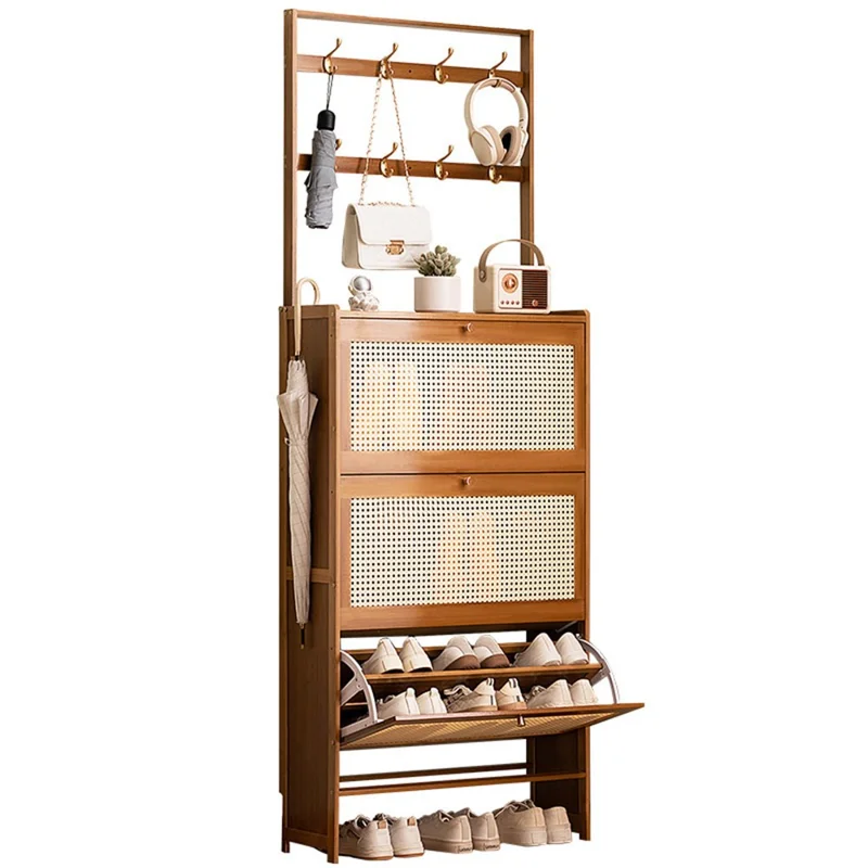 3-Tier 70cm Ultra Thin Entryway Shoe Cabinet Large Capacity Flipping Door Storage Shoe Rack with Hooks Space Saving for Home - Tea Brown