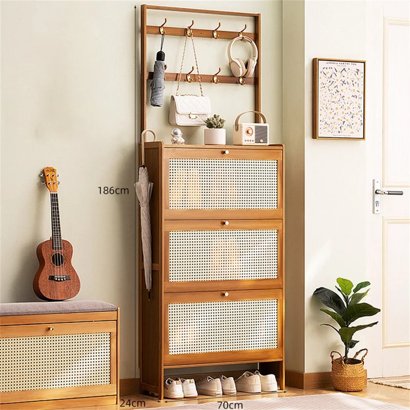 3-Tier 70cm Ultra Thin Entryway Shoe Cabinet Large Capacity Flipping Door Storage Shoe Rack with Hooks Space Saving for Home - Tea Brown