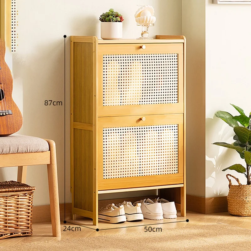 2-Tier Ultra Thin 50cm Entryway Shoe Rack Large Capacity Flipping Door Shoe Cabinet with Raised Feet for Home - Natural
