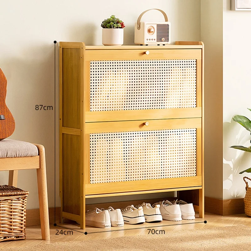 2-Tier Ultra Thin 70cm Entryway Shoe Rack Large Capacity Flipping Door Shoe Cabinet with Raised Feet for Home - Natural