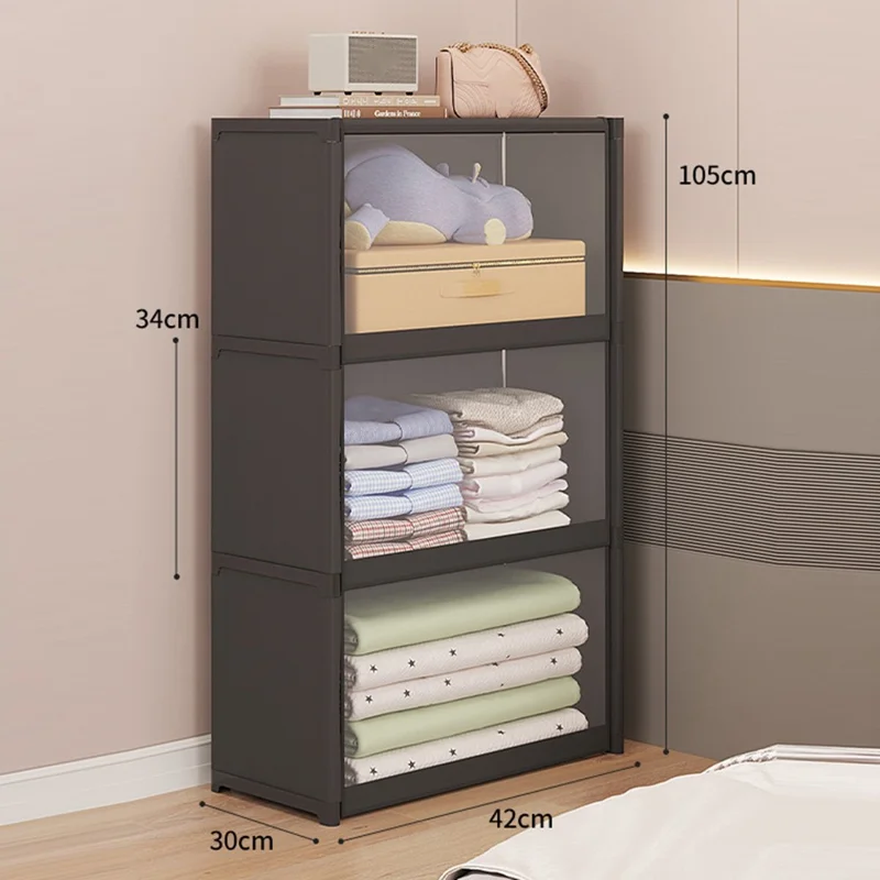 3-Tier 42cm Length Clothes Container Holder Dust-Proof Assembly Clothes Storage Cabinet with Clear Flip-Top Door for Bedroom - Black