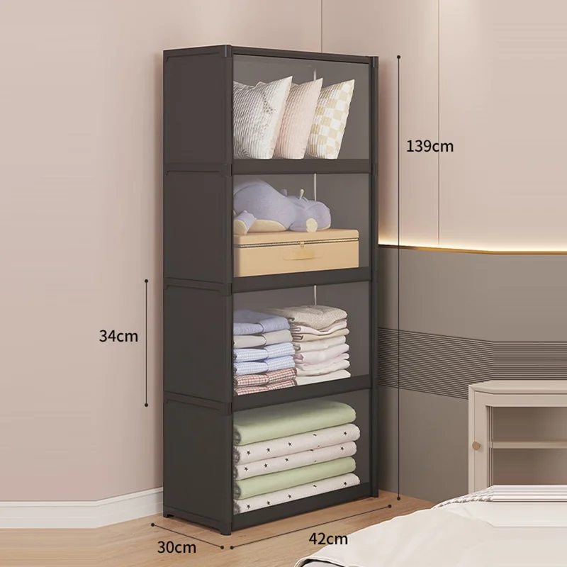 4-Tier 42cm Length Clothes Container Holder Dust-Proof Assembly Clothes Storage Cabinet with Clear Flip-Top Door for Bedroom - Black