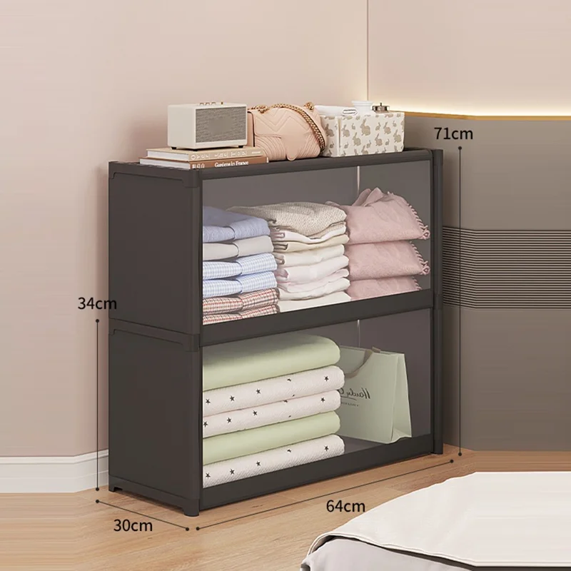 2-Tier 64cm Clothes Container Holder Dust-Proof Assembly Clothes Storage Cabinet with Clear Flip-Top Door for Bedroom - Black