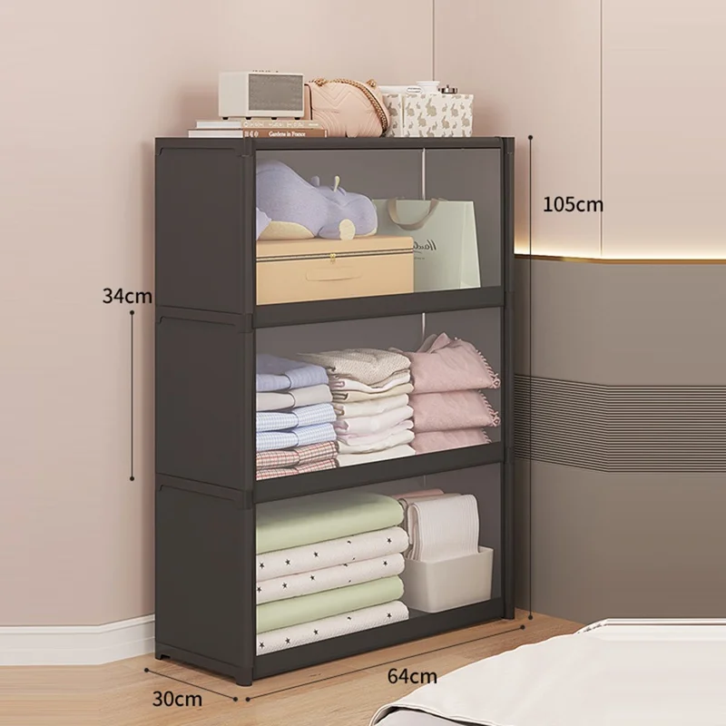 3-Tier 64cm Clothes Container Holder Dust-Proof Assembly Clothes Storage Cabinet with Clear Flip-Top Door for Bedroom - Black