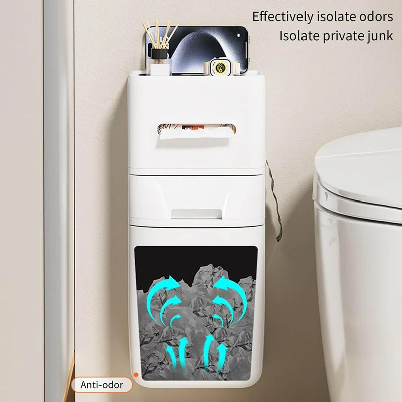 Lixeira de Parede com Tampa e Porta-Toalhas em Combinação, Economia de Espaço para Casa de Banho, Cozinha e Sala de Estar - Branco
