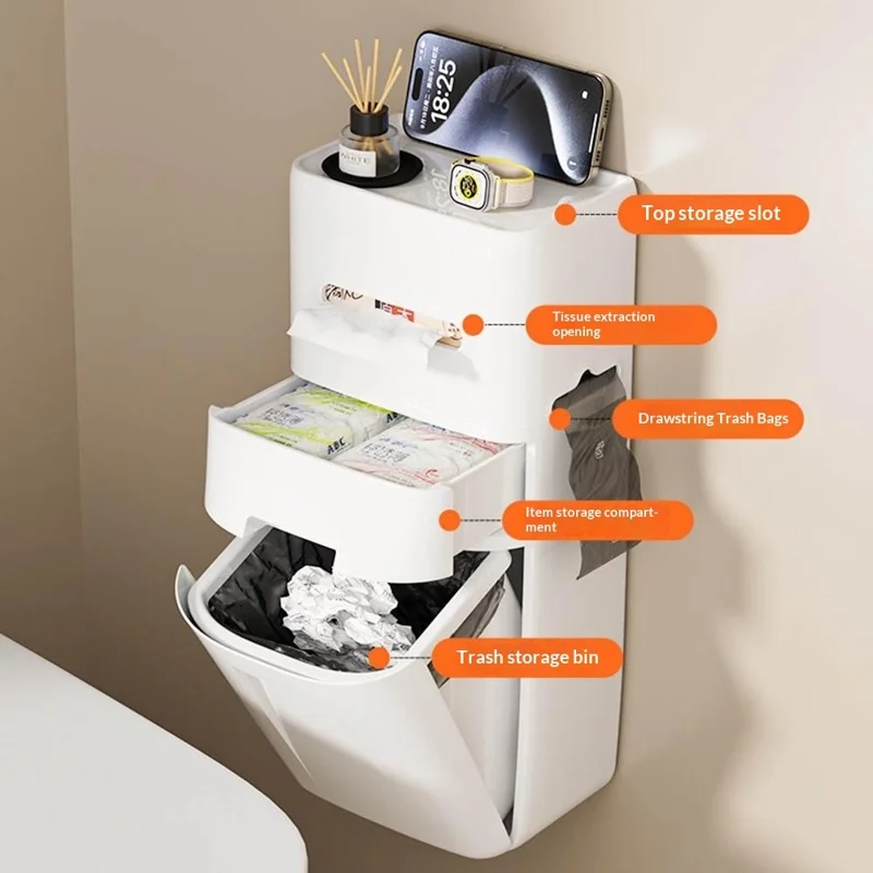 Lixeira de Parede com Tampa e Porta-Toalhas em Combinação, Economia de Espaço para Casa de Banho, Cozinha e Sala de Estar - Branco