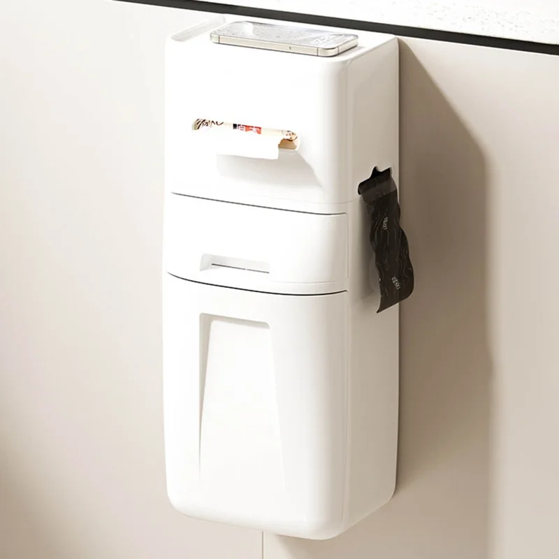 Lixeira de Parede com Tampa e Porta-Toalhas em Combinação, Economia de Espaço para Casa de Banho, Cozinha e Sala de Estar - Branco