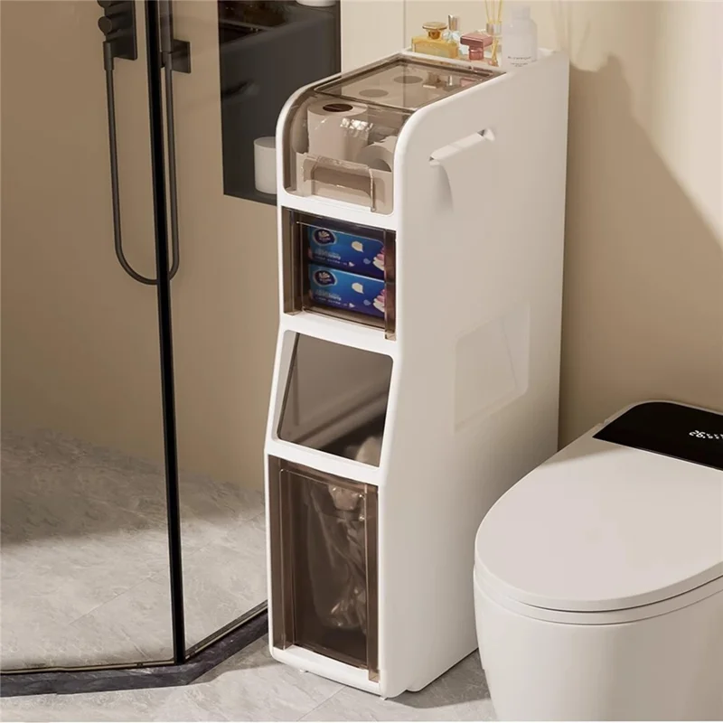 Slim Bathroom Storage Cabinet 4-Tier Toilet Organizer with Drawers / Trash Can / Paper Basket