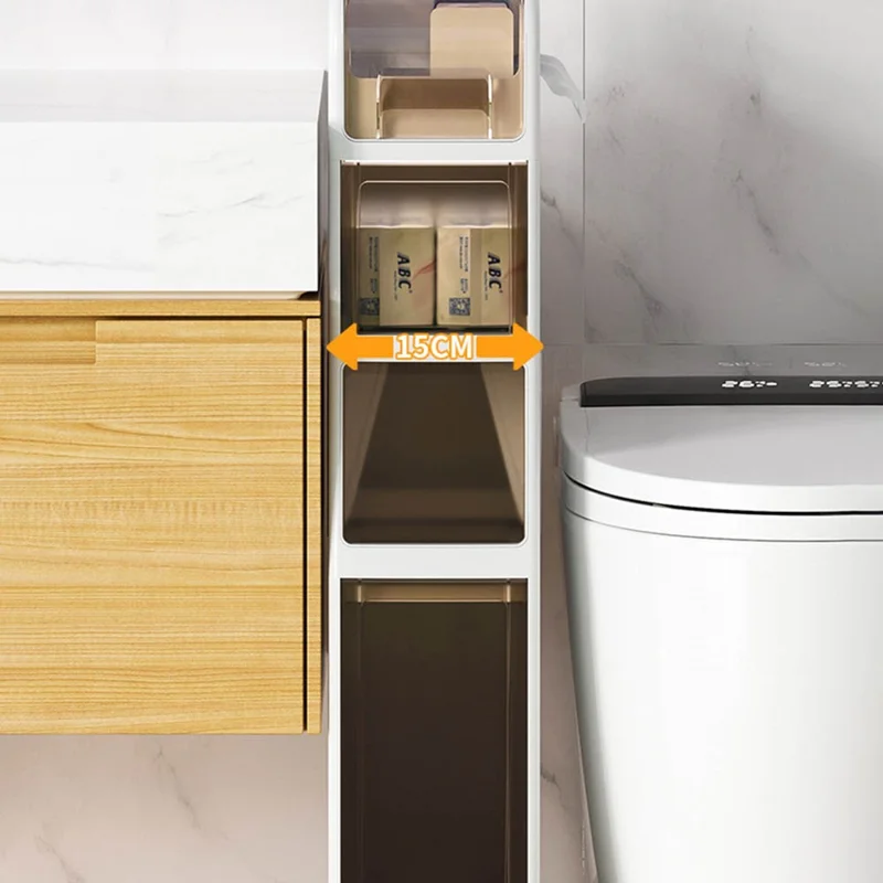 Slim Bathroom Storage Cabinet 4-Tier Toilet Organizer with Drawers / Trash Can / Paper Basket