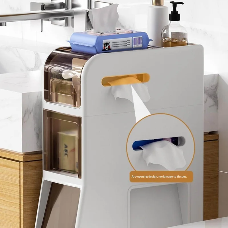 Slim Bathroom Storage Cabinet 4-Tier Toilet Organizer with Drawers / Trash Can / Paper Basket