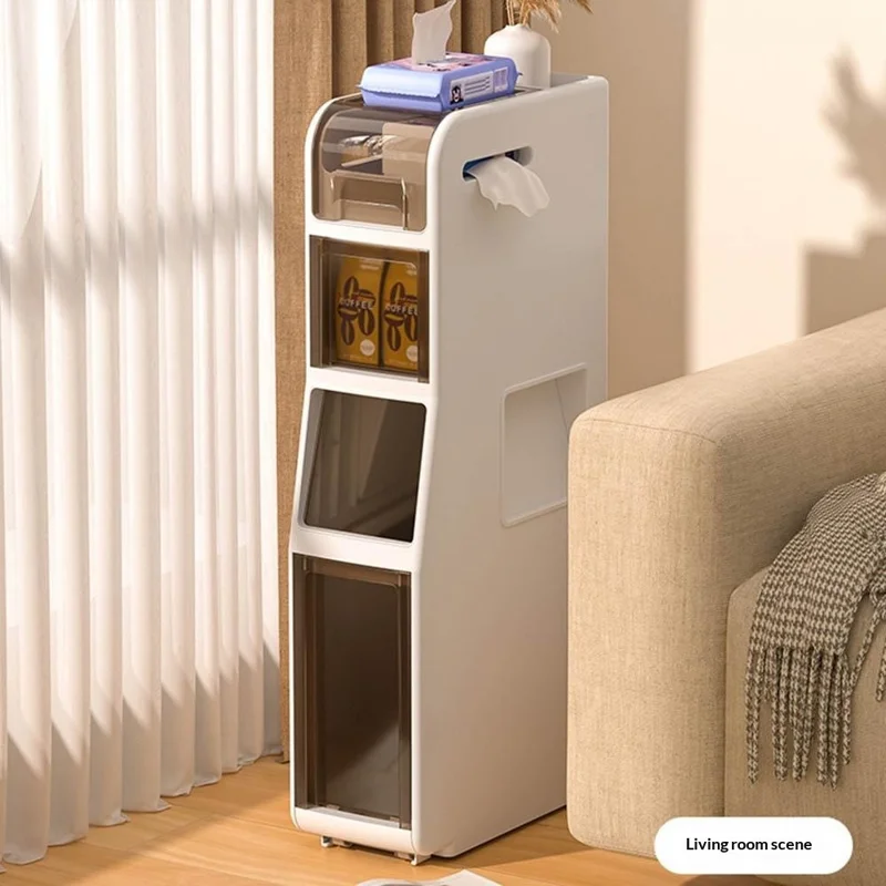 Slim Bathroom Storage Cabinet 4-Tier Toilet Organizer with Drawers / Trash Can / Paper Basket