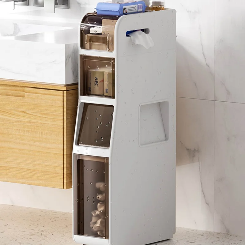 Slim Bathroom Storage Cabinet 4-Tier Toilet Organizer with Drawers / Trash Can / Paper Basket