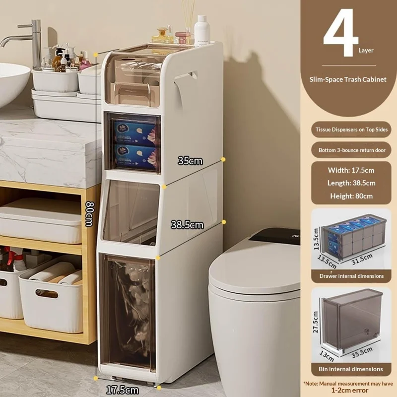 Slim Bathroom Storage Cabinet 4-Tier Toilet Organizer with Drawers / Trash Can / Paper Basket