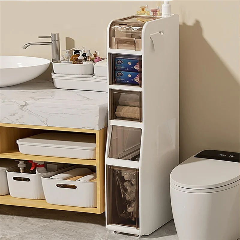 Slim Bathroom Storage Cabinet 5 Tier Toilet Organizer with Drawers / Trash Can / Tissue Box
