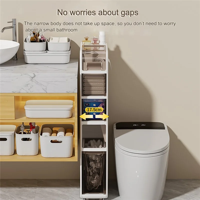 Slim Bathroom Storage Cabinet 5 Tier Toilet Organizer with Drawers / Trash Can / Tissue Box
