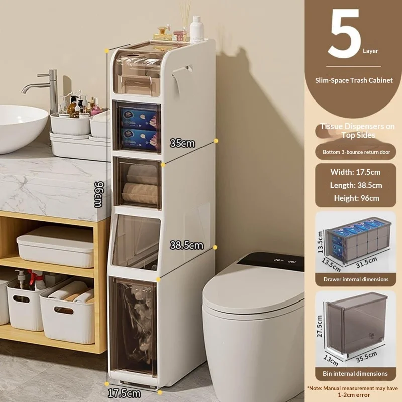 Slim Bathroom Storage Cabinet 5 Tier Toilet Organizer with Drawers / Trash Can / Tissue Box