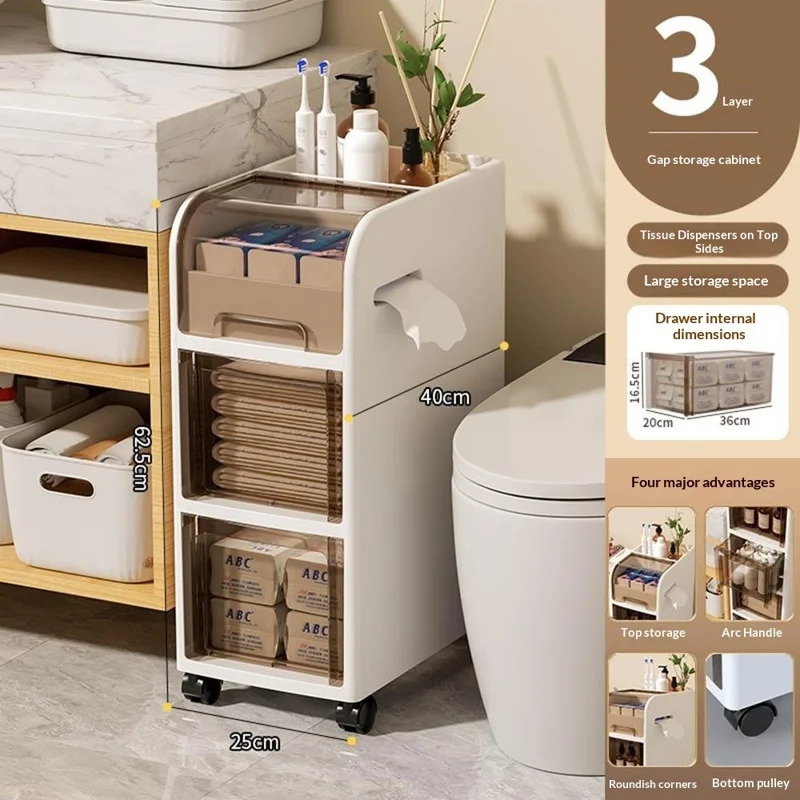 3 Tier Bathroom Storage Shelf with Wheels for Toilet Space Saver Slim Storage Organizer Rack