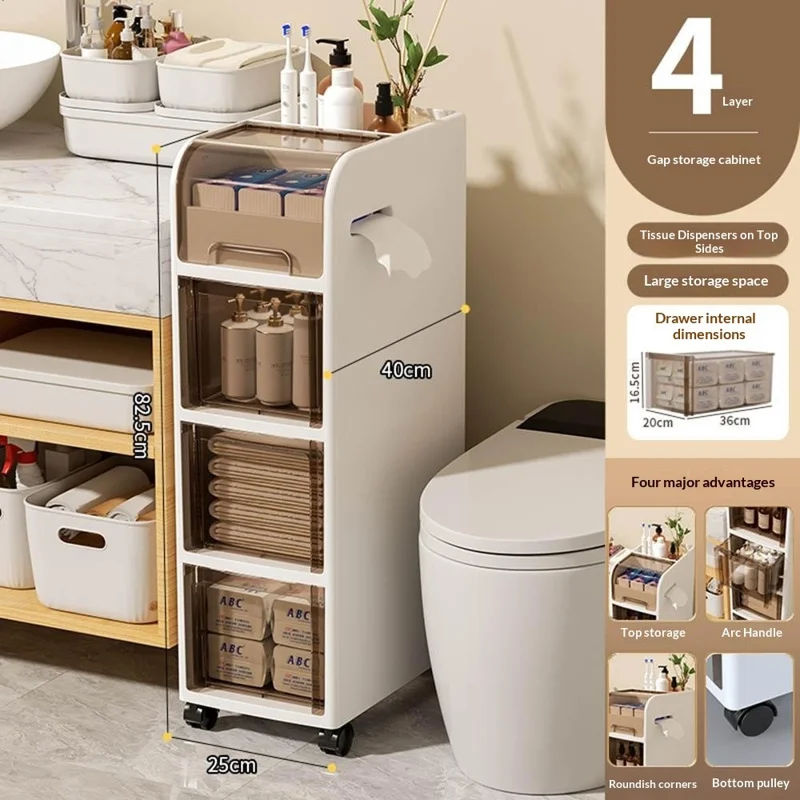 4 Tier Bathroom Storage Shelf with Wheels for Toilet Space Saver Slim Storage Organizer Rack