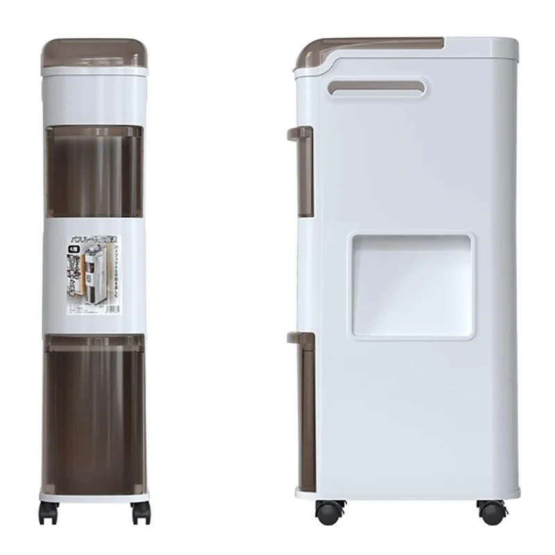 Bathroom Narrow Storage Cabinet Rolling Cart with Trash Can Multi-Tier Toilet Organizer Drawer, No Installation