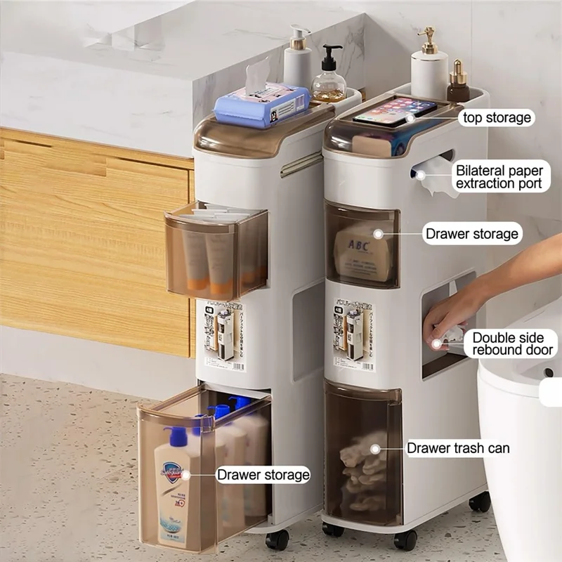 Bathroom Narrow Storage Cabinet Rolling Cart with Trash Can Multi-Tier Toilet Organizer Drawer, No Installation