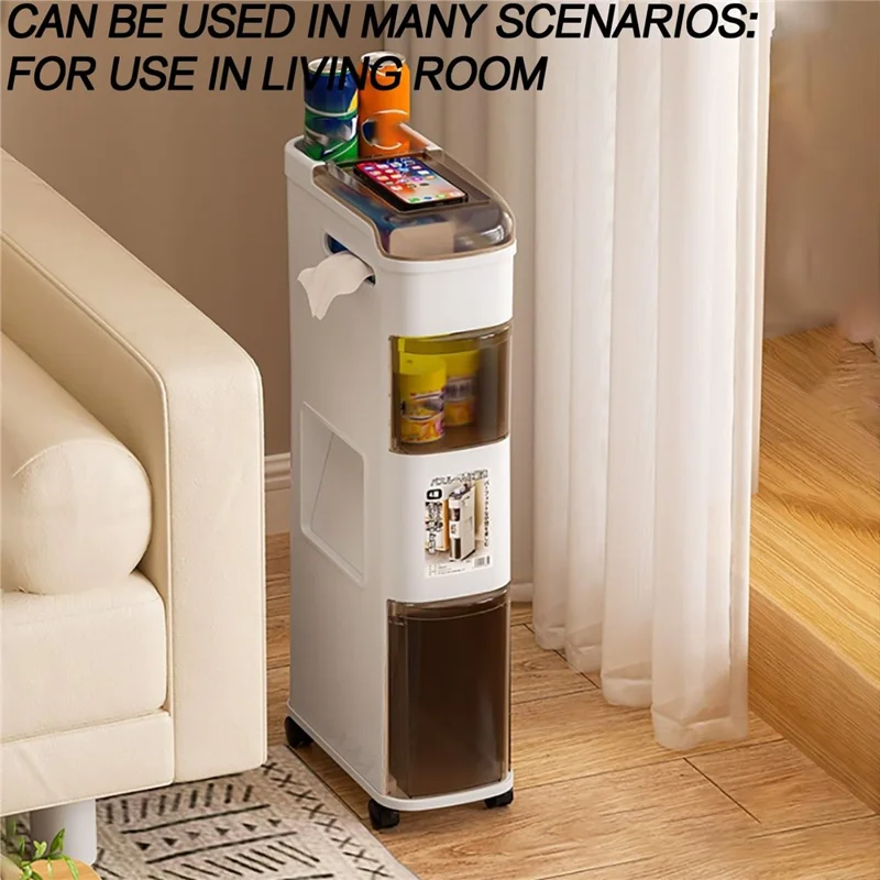 Bathroom Narrow Storage Cabinet Rolling Cart with Trash Can Multi-Tier Toilet Organizer Drawer, No Installation