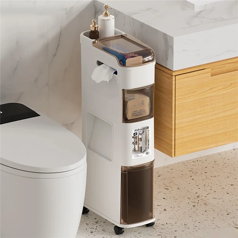 Bathroom Narrow Storage Cabinet Rolling Cart with Trash Can Multi-Tier Toilet Organizer Drawer, No Installation