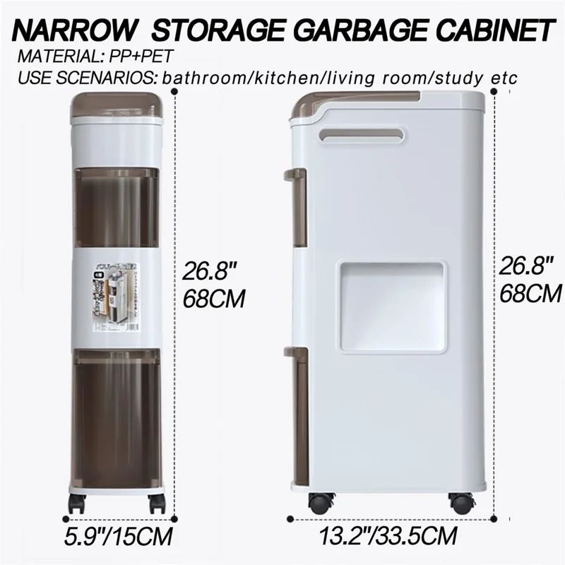 Bathroom Narrow Storage Cabinet Rolling Cart with Trash Can Multi-Tier Toilet Organizer Drawer, No Installation