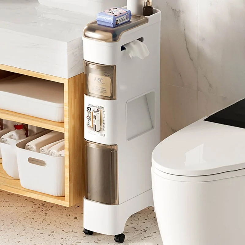 Elevated Base Bathroom Narrow Storage Cabinet Rolling Cart with Trash Can Multi-Tier Toilet Organizer Drawer, No Installation