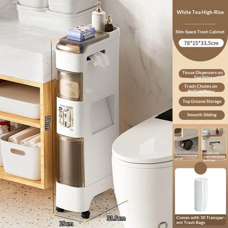 Elevated Base Bathroom Narrow Storage Cabinet Rolling Cart with Trash Can Multi-Tier Toilet Organizer Drawer, No Installation