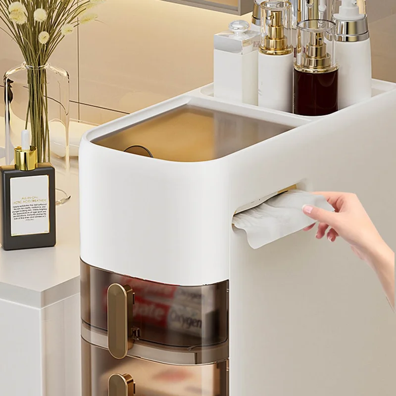 Armoire de Rangement de Salle de Bains 3 Niveaux, Organisateur Étroit pour Côté des Toilettes avec Tiroirs et Roulettes, Étagère Gain de Place