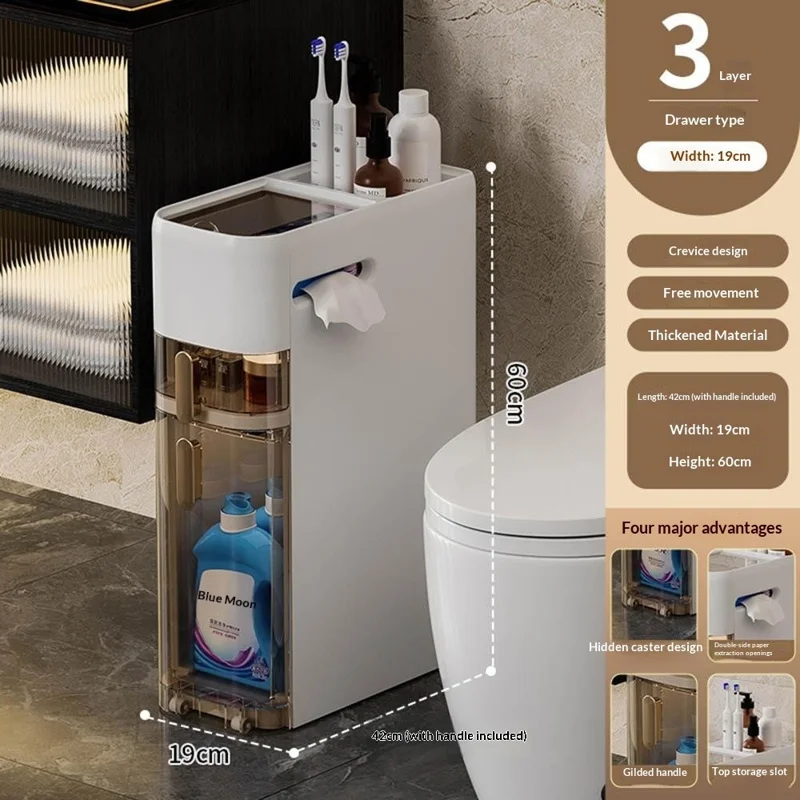Armoire de Rangement de Salle de Bains 3 Niveaux, Organisateur Étroit pour Côté des Toilettes avec Tiroirs et Roulettes, Étagère Gain de Place