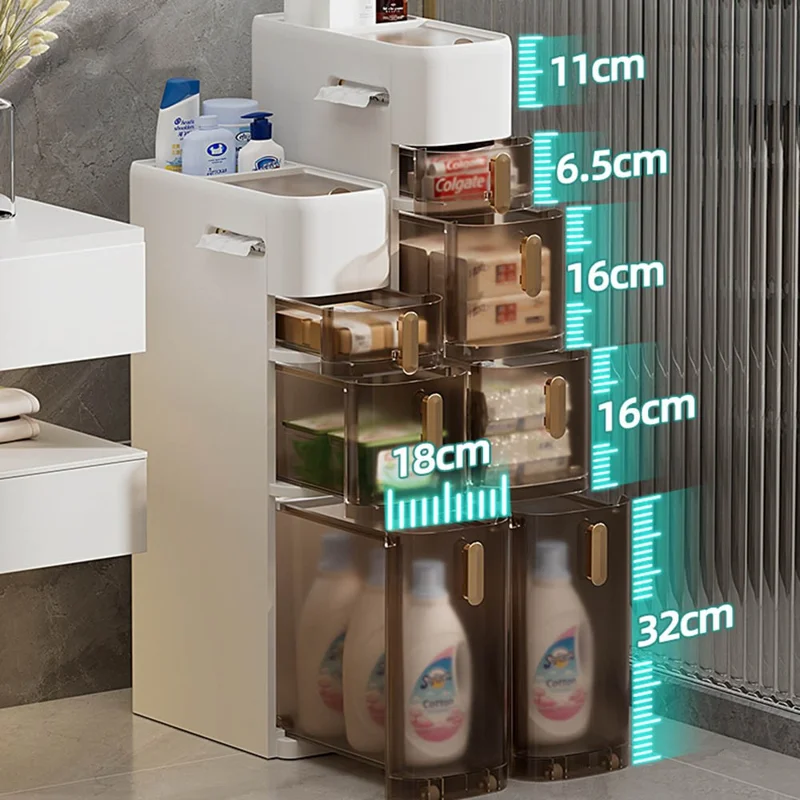 4-Tier Bathroom Storage Cabinet Narrow Toilet Side Organizer with Drawer Casters Space-Saving Gap Rack
