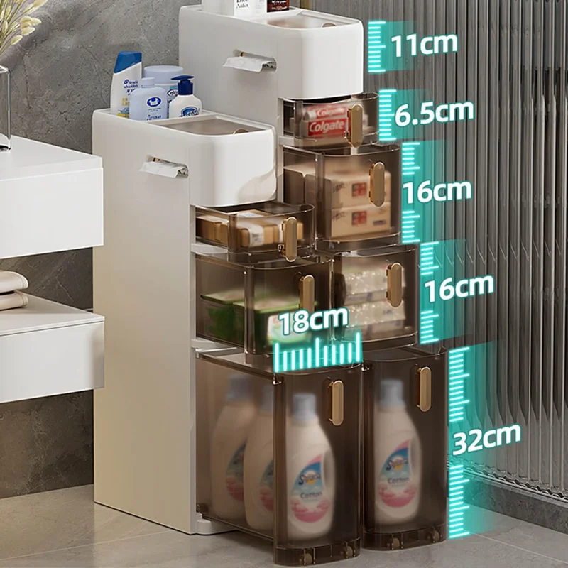 Armoire de Rangement 5 Niveaux pour Salle de Bains, Organisateur Étroit avec Tiroirs et Roulettes, Rangement Gain de Place