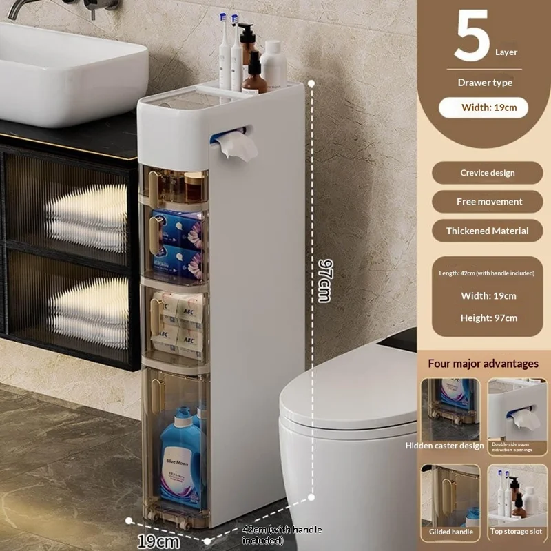 Armoire de Rangement 5 Niveaux pour Salle de Bains, Organisateur Étroit avec Tiroirs et Roulettes, Rangement Gain de Place