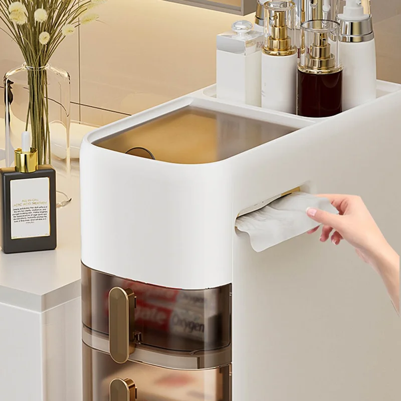 Armoire de Salle de Bains 6 Niveaux, Rangement Étroit avec Tiroir et Roulettes, Organisateur Latéral pour Toilettes, Économie d'Espace